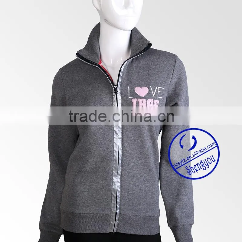 custom womens fleece jacket sweatshirt with satin ribbon covered zipper wholesale china