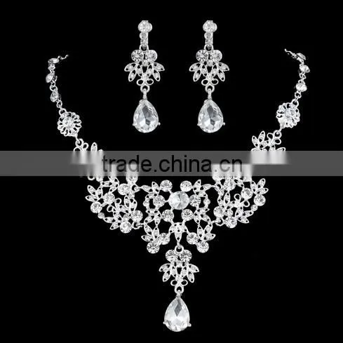 Silver Alloy Rhinestone Earrings Crystal Pendant Necklace Bridal Jewelry Set