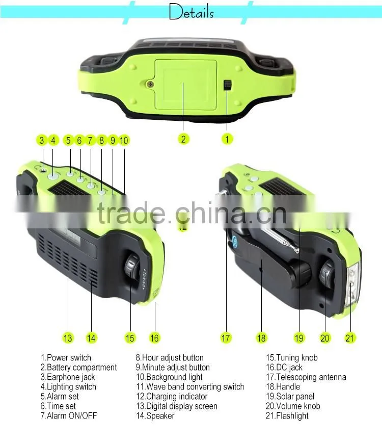 CE Multi-function Dynamo AM FM Radio with LED Flashlight Torch / Portable Solar Radio with Emergency Mobile Phone Charger