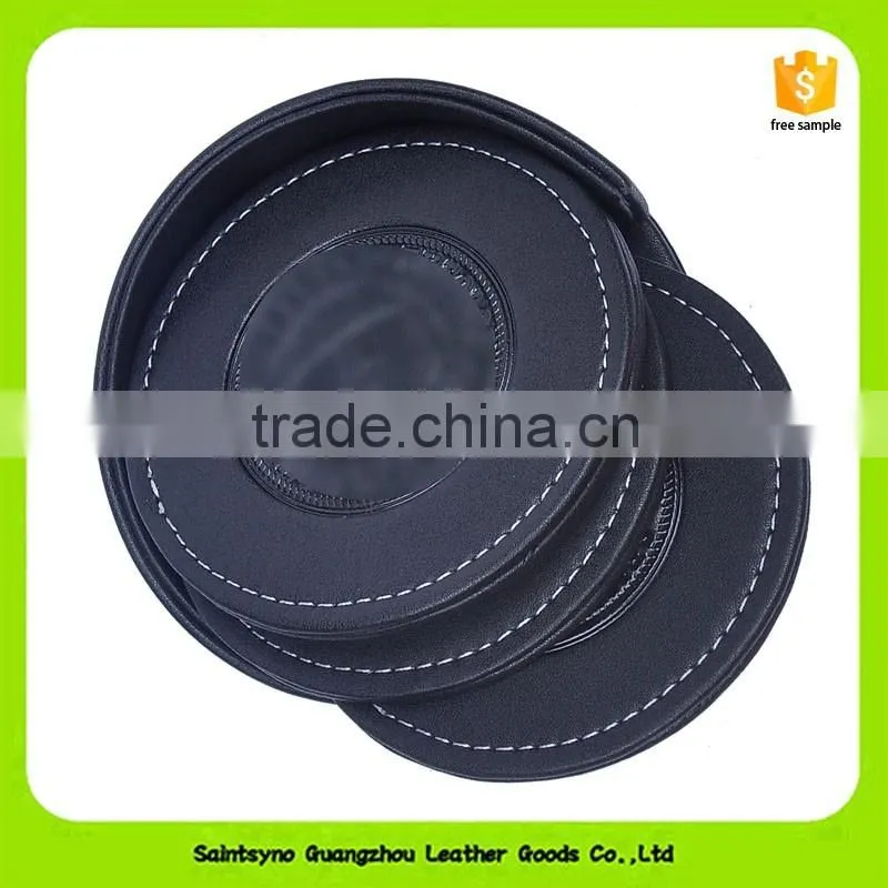 16016 Eco-friendly leather black round shape leather/PU drink coaster
