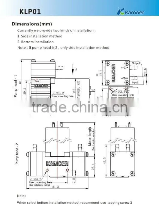 12v Two heads Brush motor Kamoer diaphragm Pump (KLP01)