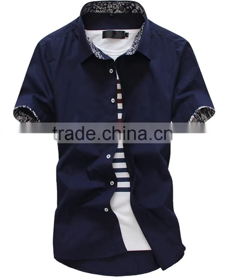 Slim light lake blue color short sleeve cotton men shirts