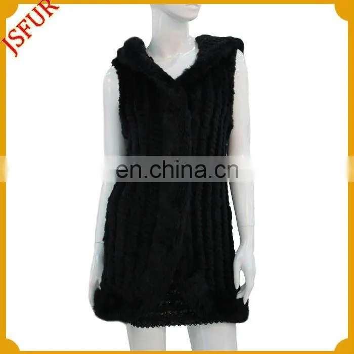 Women's fashon fur knitted long cardigan with hood