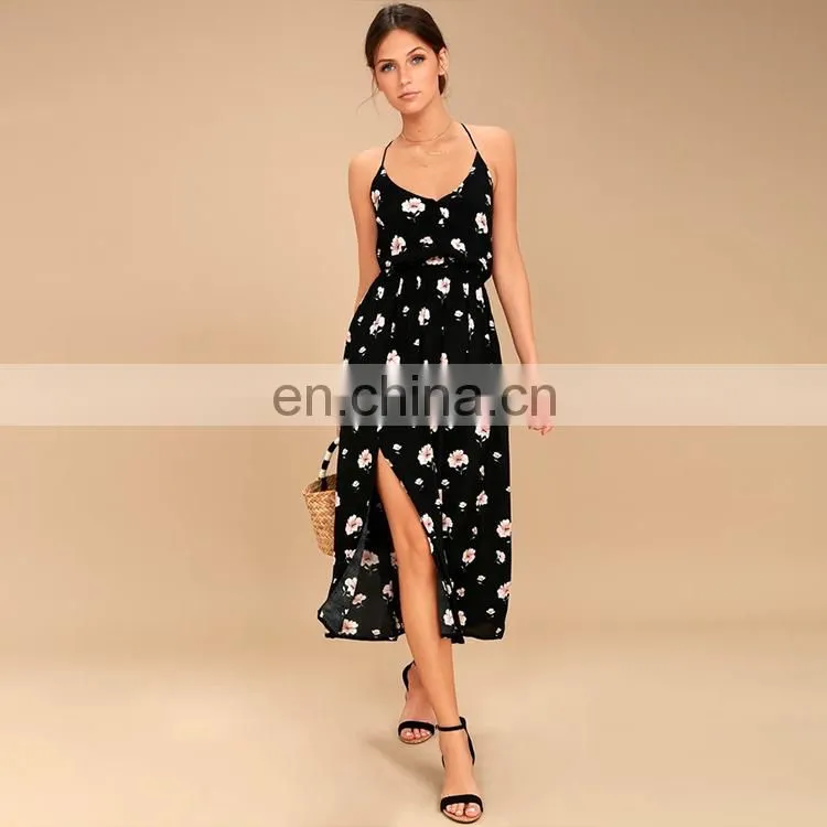 Latest split woman summer dress side slit floral print casual dress