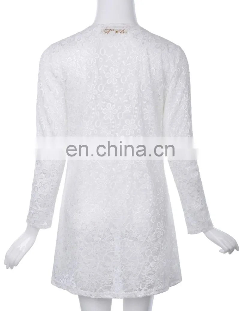 Kate Kasin Long Sleeve Open Front See-Through White Lace Coat Tops Bolero KK000421-2