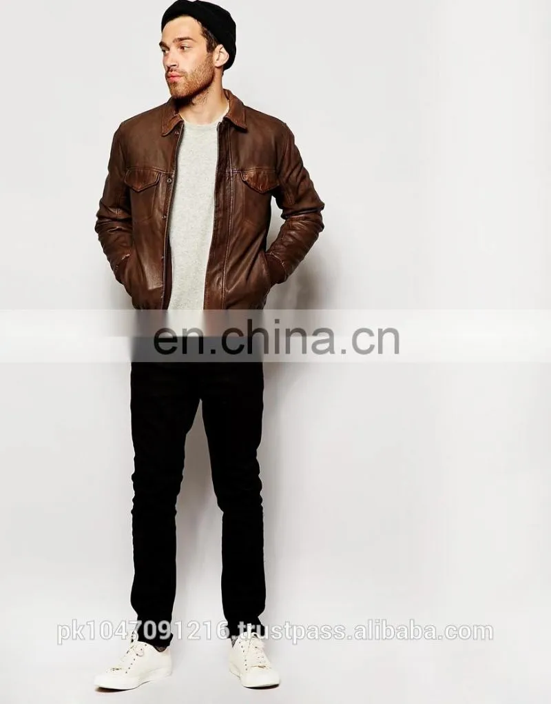 New 2014 Men Leather Jacket / Genuine Leather Jacket / Sheepskin Leather Bomber Jacket Dark Brown