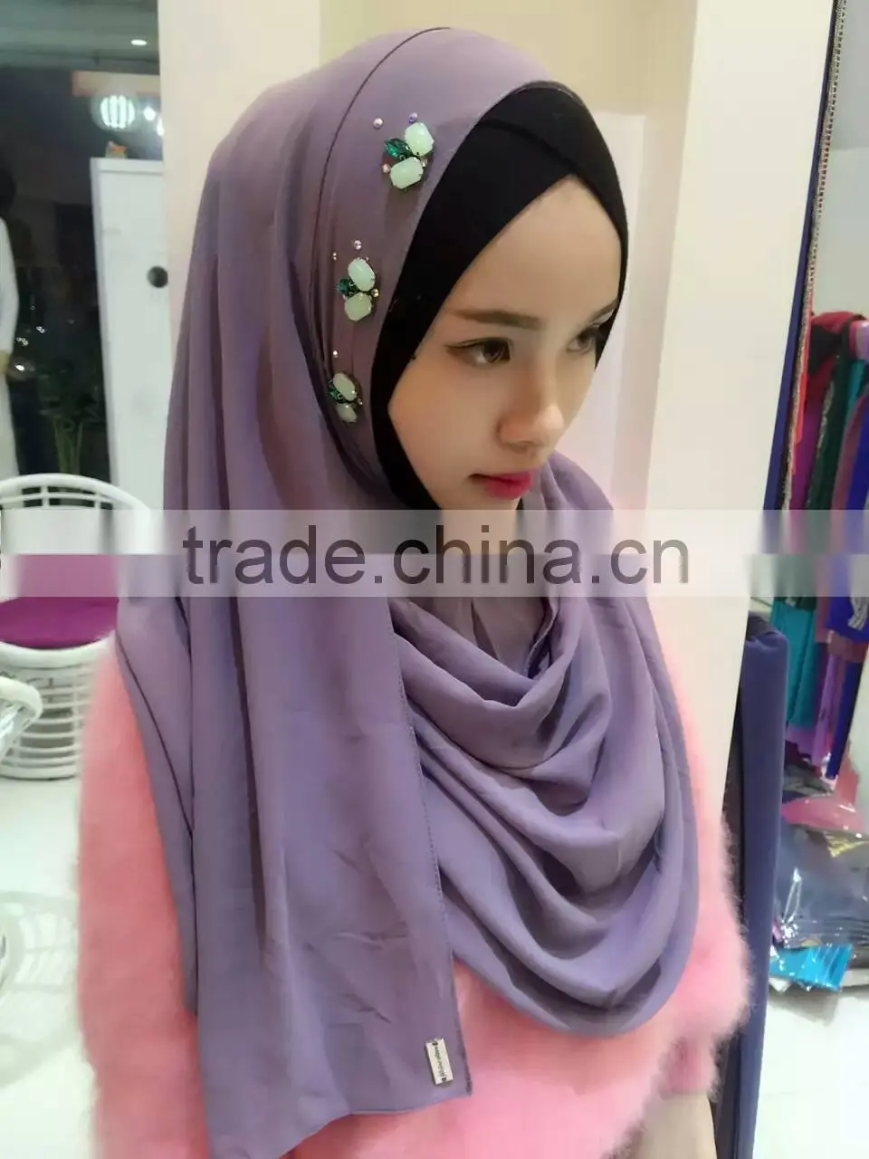 20COLORS popular senior chiffon instant headscarf handmade beading women's islamic scarf