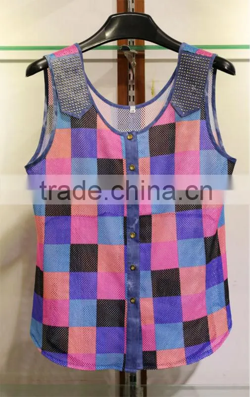 Women's sleeveless collarless tops with colorful squares