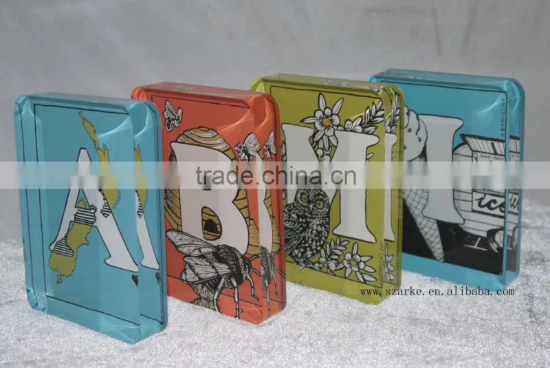 acrylic paperweight,acrylic solid alphabet display block with back printed paper sticker