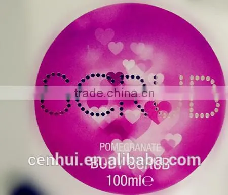 2015 customize beautiful pink round adhesive words printing sticker for cosmetics