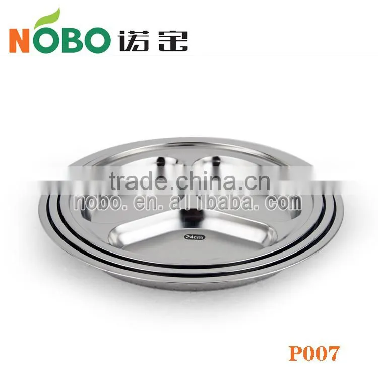 Factory supply stainless steel round food tray with 3 compartment for students