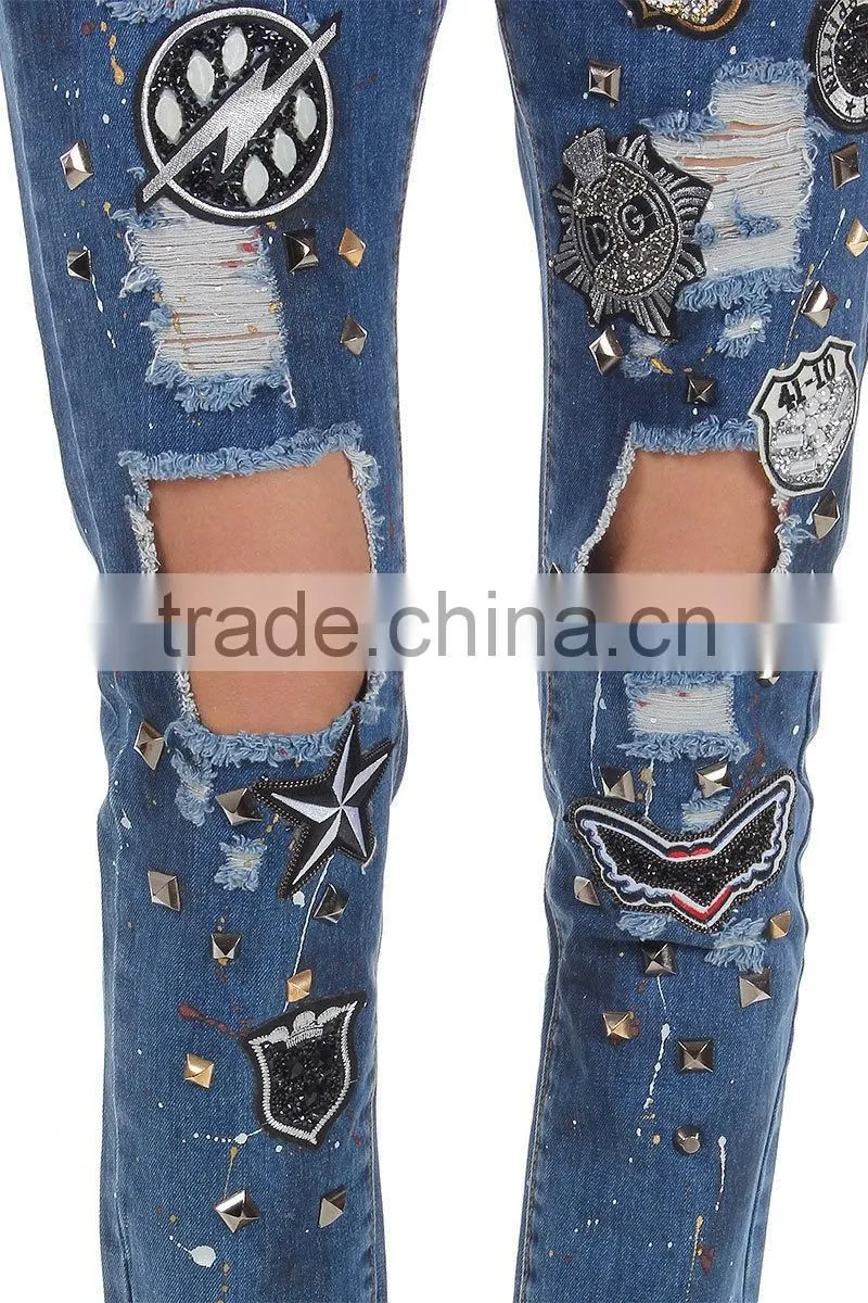 Women New Blu Destroyed Denim Embroidered Jeans Pants Trousers