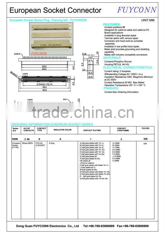 Euro Connector 3 rows 96P Straight Pin Receptacle B Type DIN41612 Connector