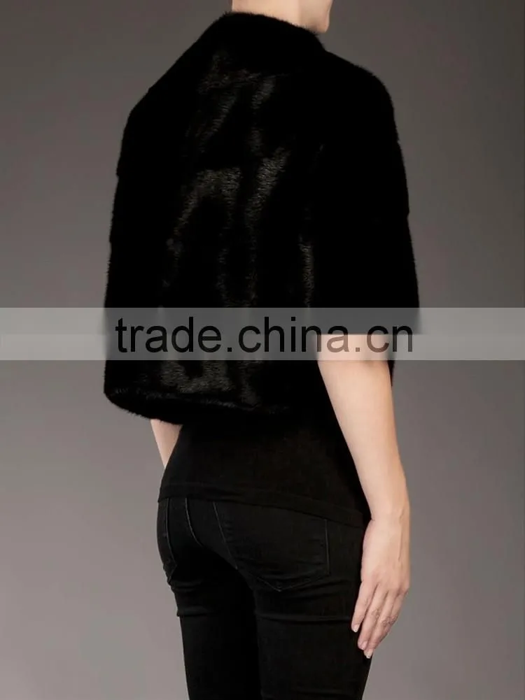 SHANGYI black 3/4 sleeve zipper cropped fur coat for woman