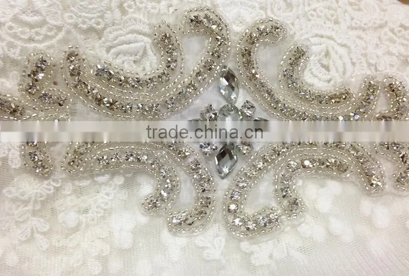 New Design Bridal Beaded Rhinestone Trimming Applique For Wedding Sash Crystal Bridal Applique For Wedding Dress