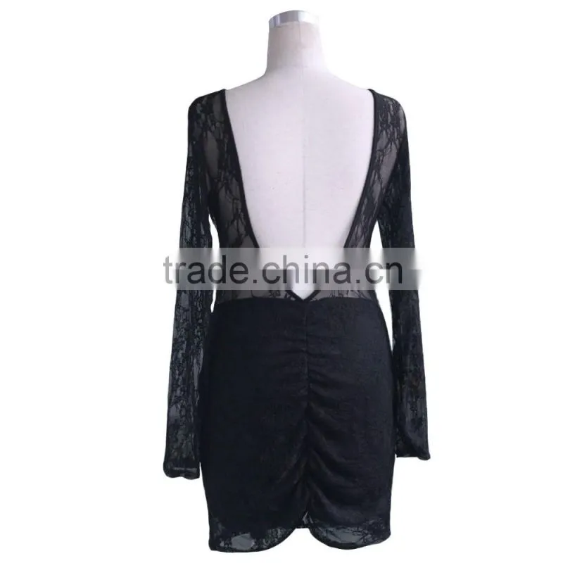sexu back open evening dress lace bodycon dress long sleeve black color Factory supply