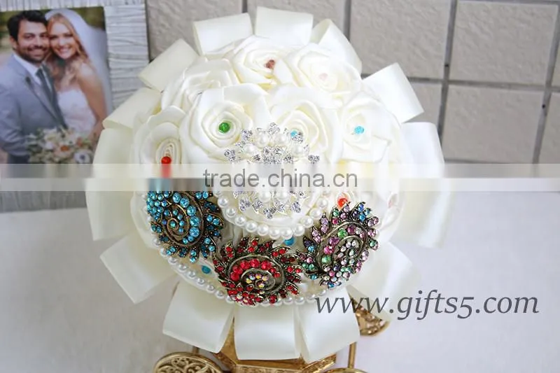 Handmade elegant satin roses bouquet for bride brooch jewelry bouquet