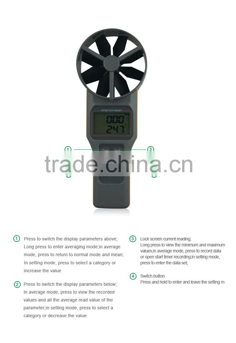 AZ8919 10cm Vane Precision Digital Anemometer Carbon Dioxide CO2 Detector Temperature Humidity Air Flow Measuring Meter