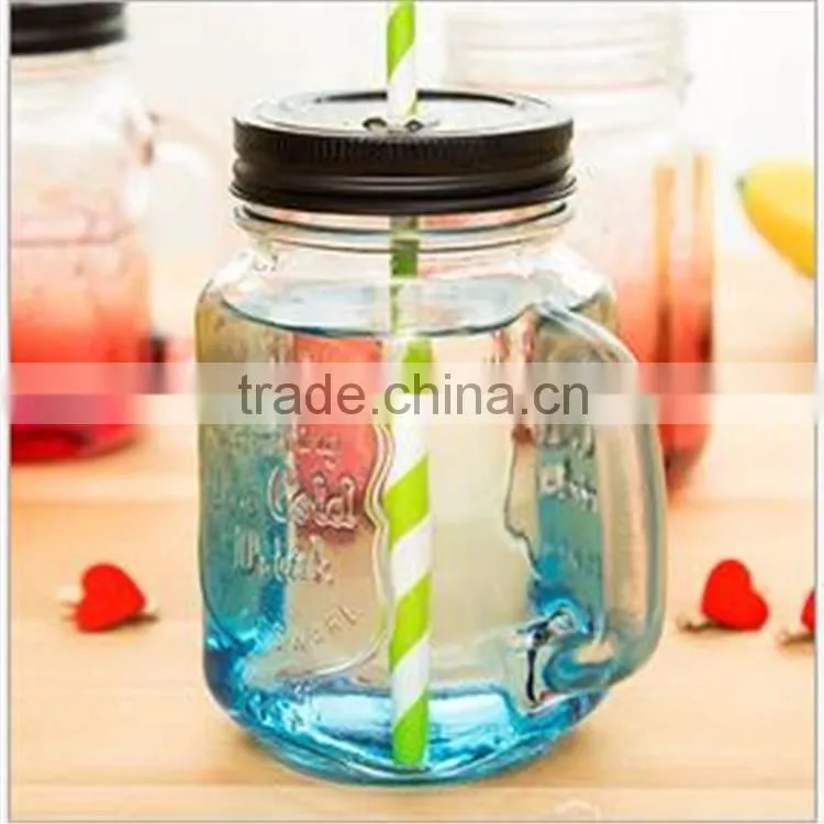 Hot selling products of glass drink pump lid 480ml colorful glass mason jar with handles wholesale