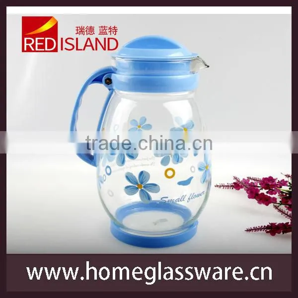 decal glass water pot with plastic handle&lip