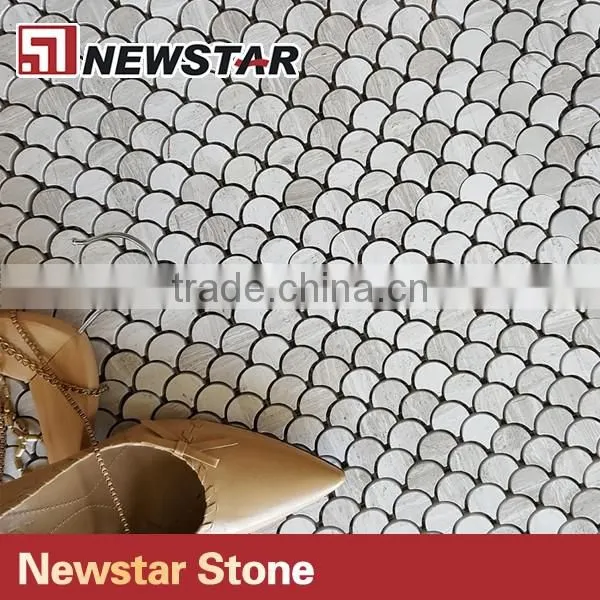 Wooden White Polished Large Fan Shape Fish Scale Marble Tile Mosaics