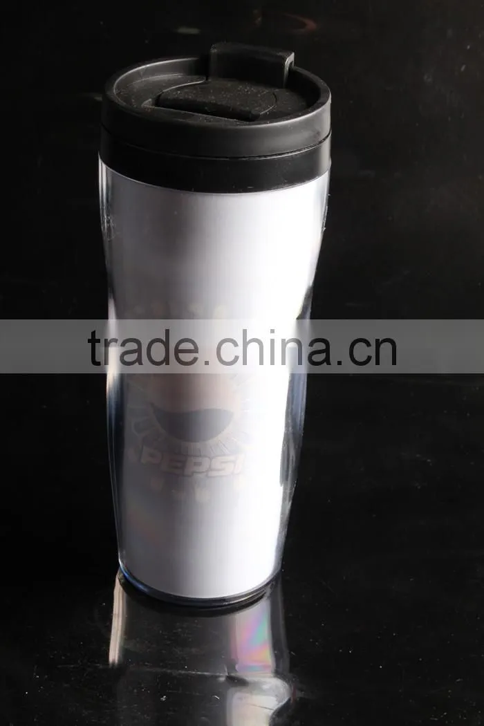 plastic travel mug with paper inserted/advertising mug