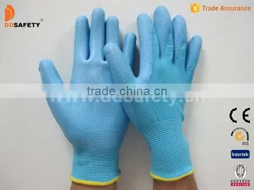 DDSAFETY Cheap 13G Blue Nylon Liner PU Gloves Safety Gloves