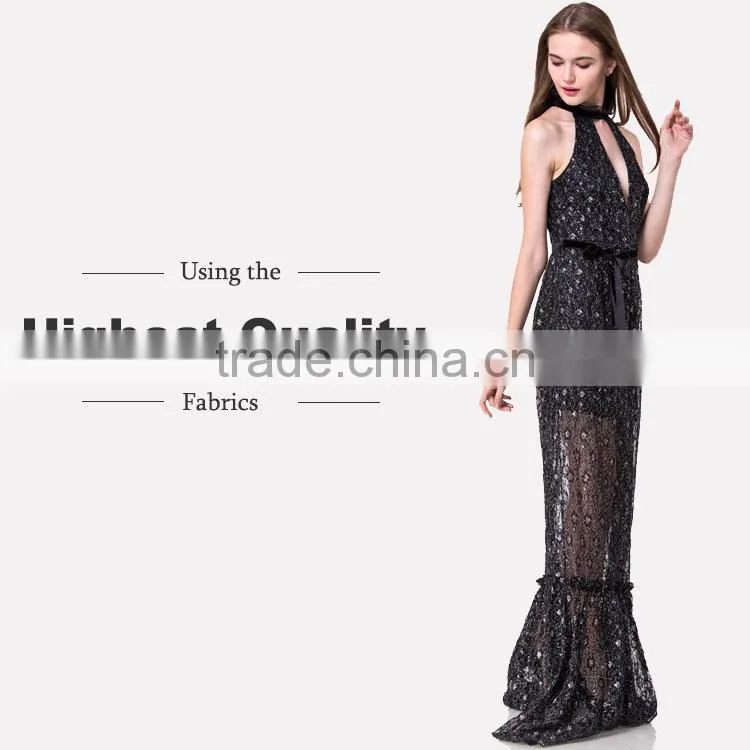 Free Sample Woman Casual Wholesale Long One Piece Maxi Fashion Black Lace and Sequin Evening Dress with Silver Threads