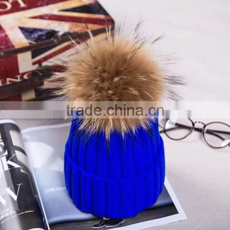 Women Beanies with Fox Fur Pompom Genuine Fur Ball Ski Cap Bobble Hat 15cm Fluffy