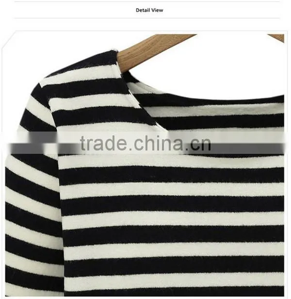 Autumn latest design round neck ivory long sleeve chiffon stitching knitting striped printing t shirt design