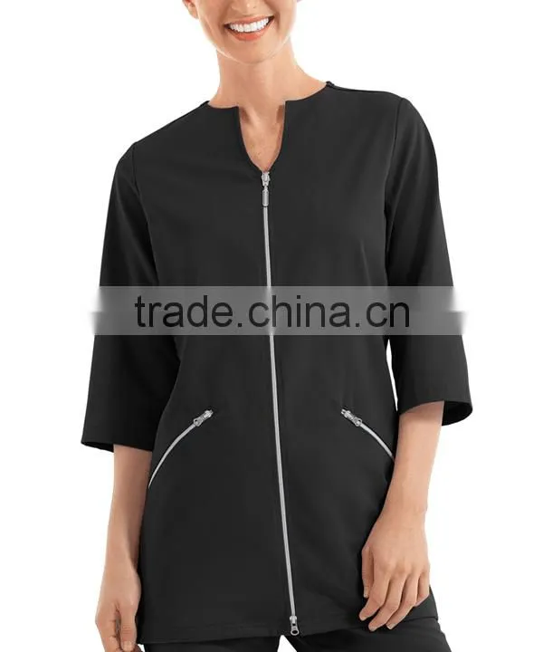 Solid Blue Color OEM Zipper Closure 3/4 Sleeve Women Spa Coat