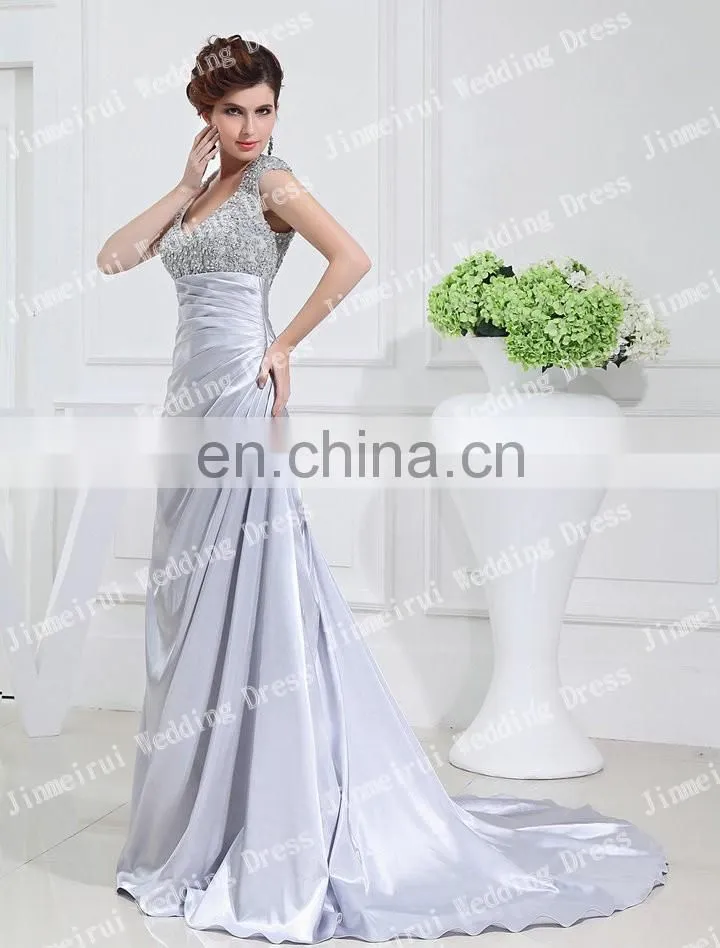Charming Sliver Color Satin A-line Long Train Romantic Real Picture Bridal Dresses