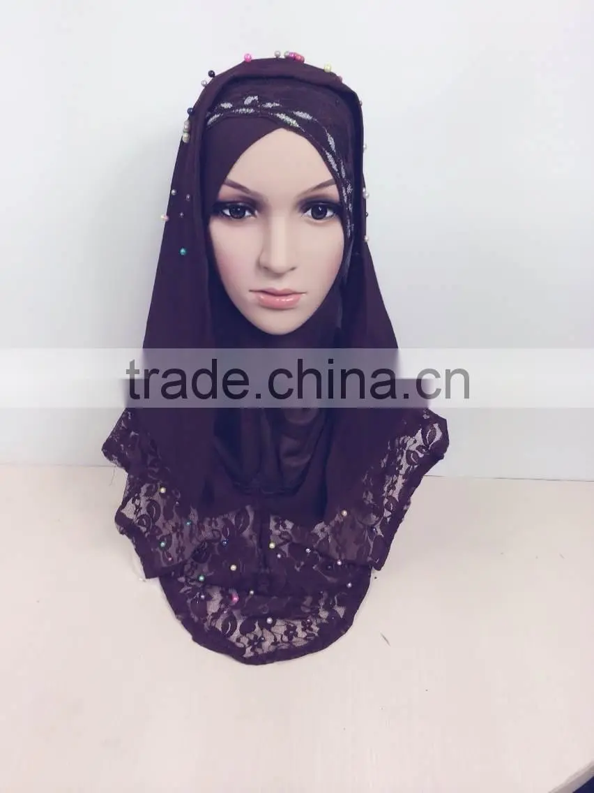 A390 Newest 2015 lace chiffon pearl islamic scarf hijab MUSLIM 2 PIECEs LONG HIJAB