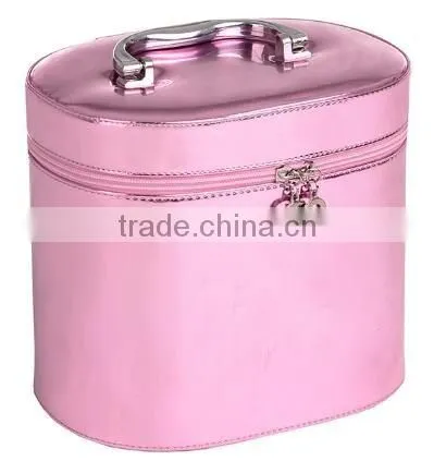 Custom leather travel cosmetic organizer artist train box,pink leather makeup vanity case,beauty travel carrying case