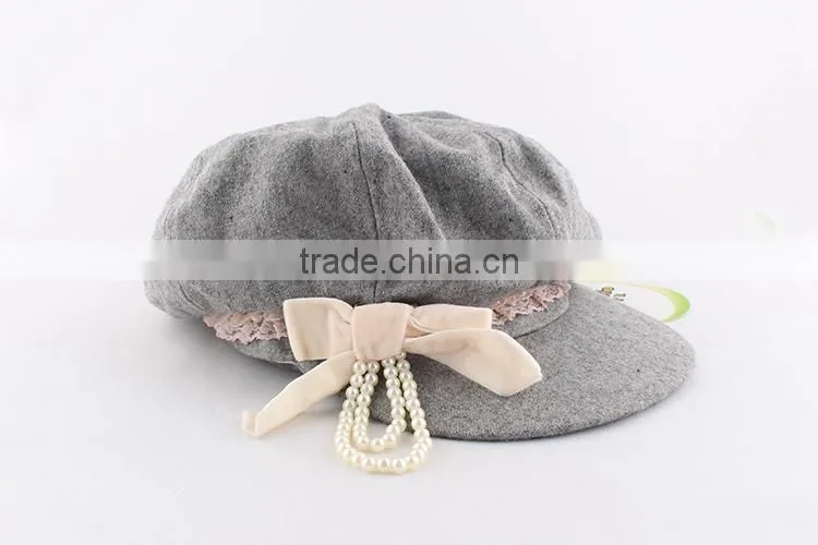 2015 New style original baby girls peaked baseball beret cap with bownot and pearls