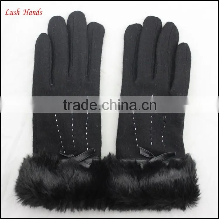 women woolen cheap hand gloves winter dress gloves with black fake fur