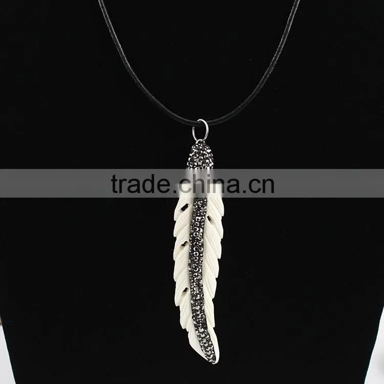 PC1607 80mm long crystal pave cap OX bone carved white angle wing pendant