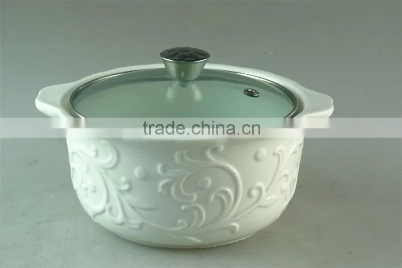white embossing ceramic soup tureen with glass cover/lid in stocklot