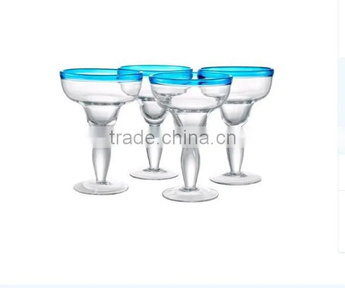 2015 Sodalime leadfree crystal handblown blue rim thick thickness Margaret glass set