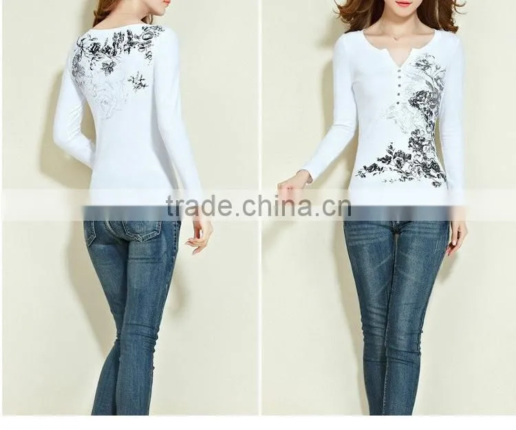 Long-sleeved show thin funnel collar T-shirt of women v neck t shirt
