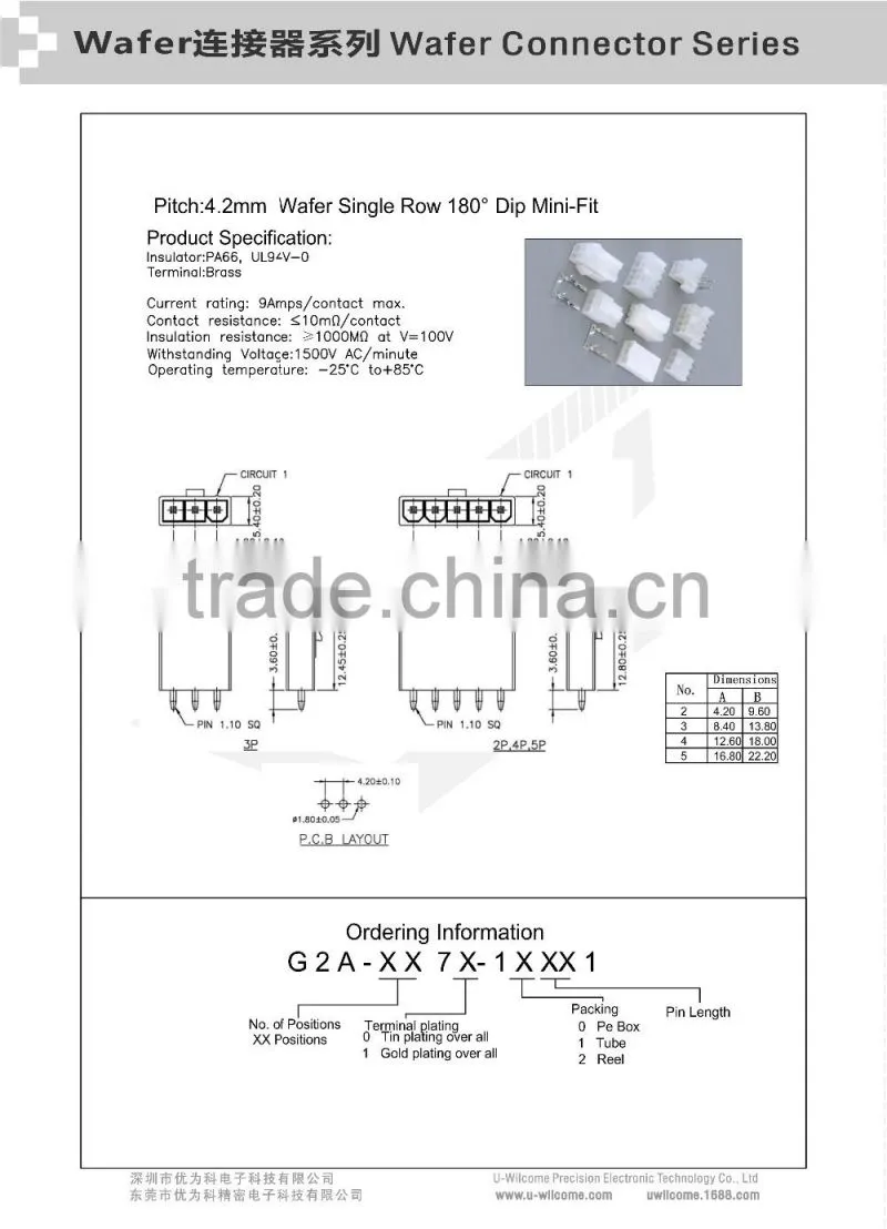 Pitch:4.20mm Wafer Single Row 180 Angle Dip Mini-Fit Type Electrical Components 6 Pin Connector