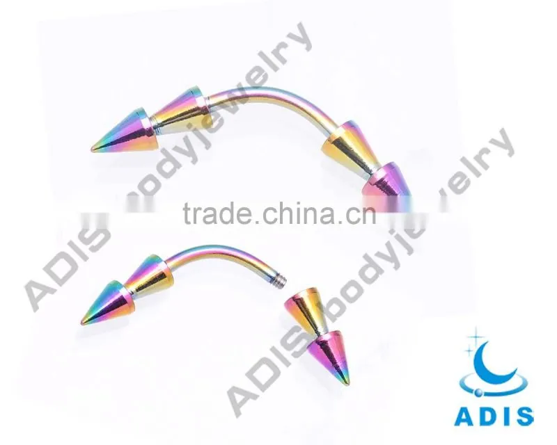 Rainbow anodized G23 titanium eyebrow piercing with double cones