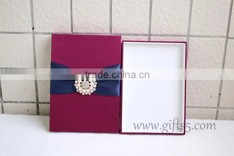Custom Burgundy wedding invitation boxes with brooch in handmade