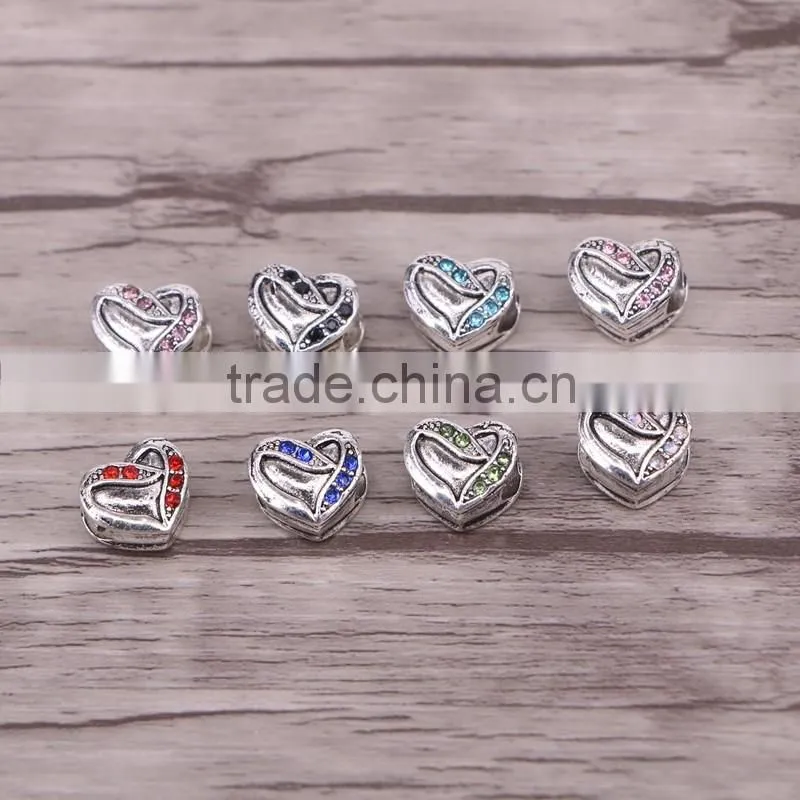 Antique silver plated love heart big hole bead charm Fits European Charm Bracelets