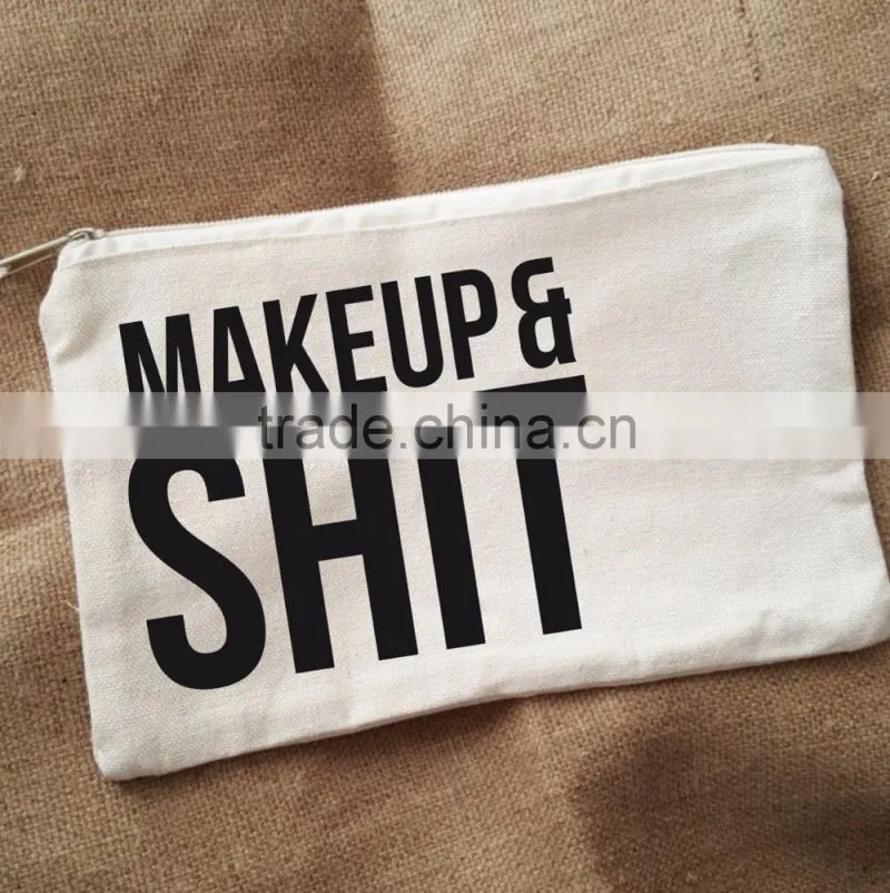 black canvas custom cosmetic bag with logo printed on one side