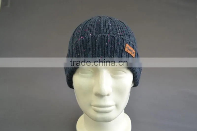 Acrylic beanie hat with PU leather patch logo