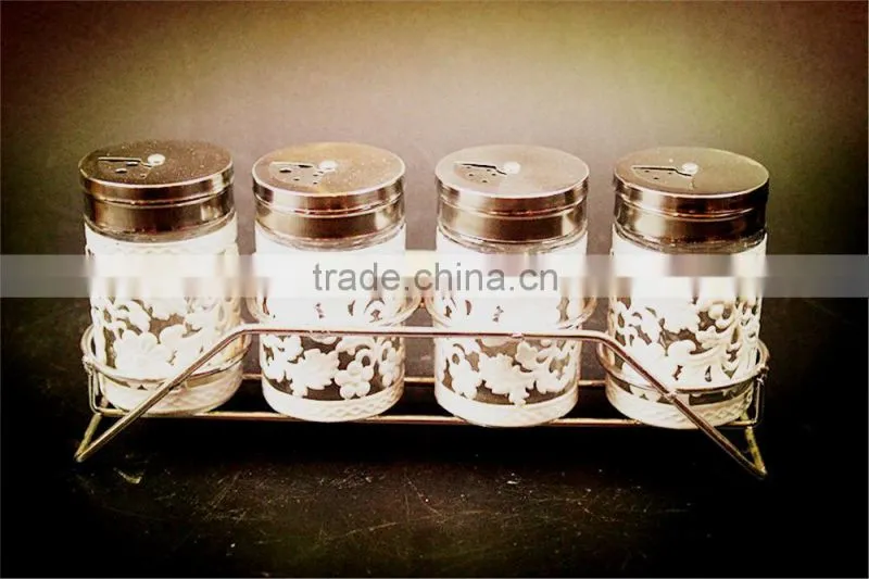 S/4 metal coat glass spice jar set in stand