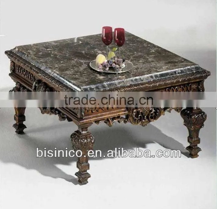Luxury Spanish style living room square hand carved wooden coffee table marble table top