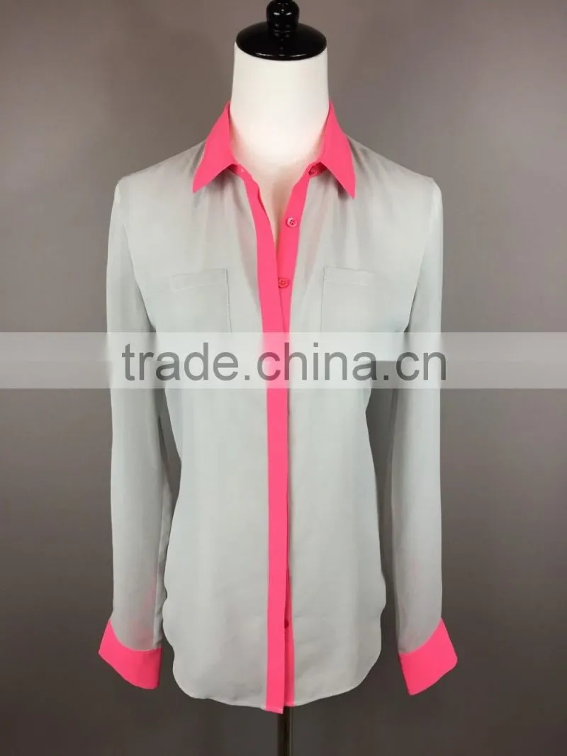 Latest Womens Gray/Pink Chiffon Button-Down Dress Shirt OL Career Blouse