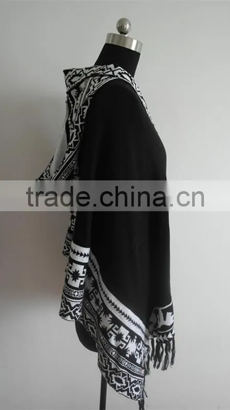 Fashion ladies jacquard knitted hoody poncho sweater